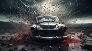 A surreal dream sequence depicting a terrifying car accident, shattered glass and twisted metal amidst a haunting landscape, evoking the shock and fear of