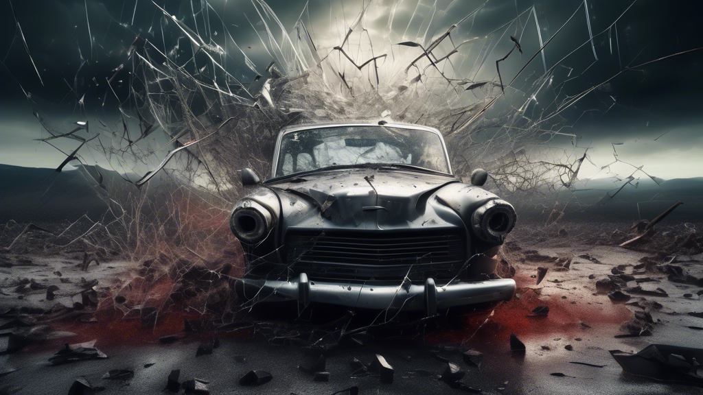 A surreal dream sequence depicting a terrifying car accident, shattered glass and twisted metal amidst a haunting landscape, evoking the shock and fear of