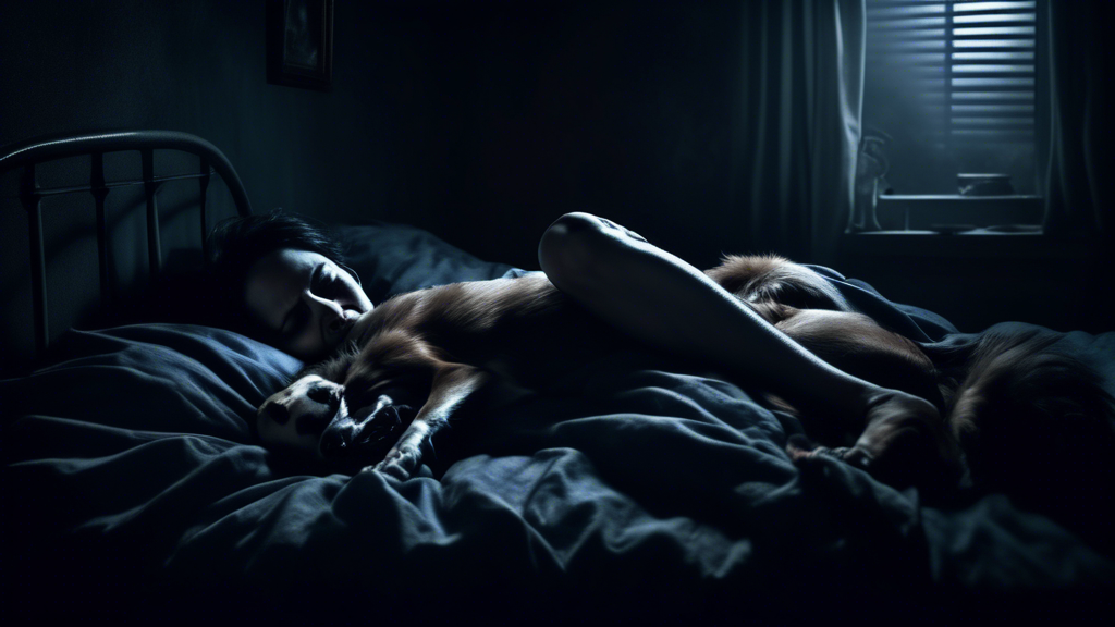 A person sleeping in bed with a dog biting their leg, nightmare vibes, dark ominous lighting, horror movie poster style