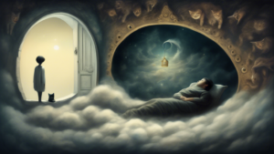 A surreal dreamlike scene where a sleeping person is hovering above a slumbering cat with a keyhole in its side revealing a mysterious inner world.