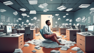 A surreal depiction of a person floating in an office space, surrounded by floating desks and computers. The person is dressed in pajamas and looks confuse