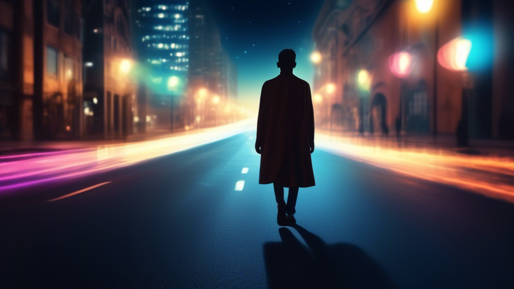 A realistic photo of a person walking on a road at night, with buildings and streetlights in the background. The person is surrounded by a glowing aura, sy