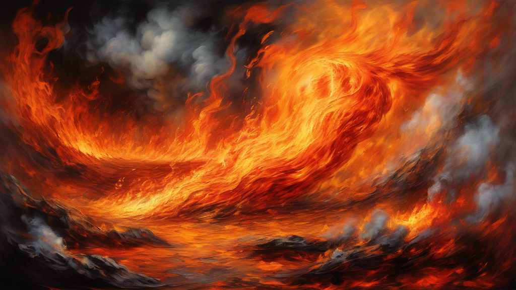 A surreal scene of a raging fire, representing the hidden meanings and interpretations of dreams about fire. Focus on intense flames, swirling smoke, and e