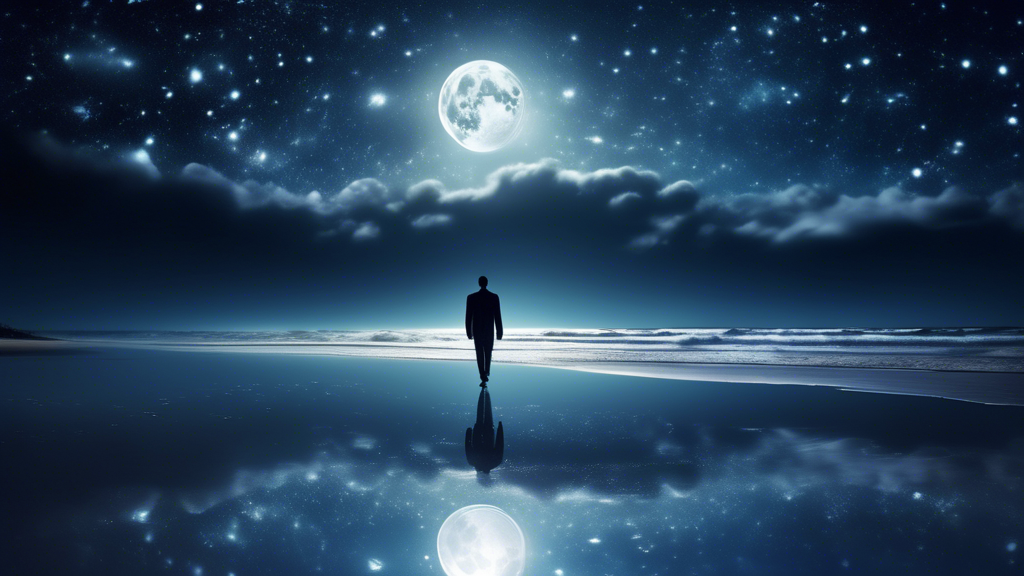 Surreal dreamlike image of a person walking along a beach at night, with the moonlight reflecting on the water and the stars shining brightly in the sky, s