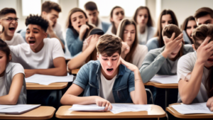 A person looking distressed and overwhelmed, sitting in an exam hall with a failed test paper in front of them, surrounded by other students who are celebr