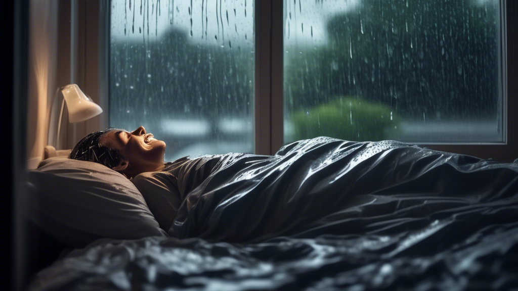 A person sleeping soundly in bed during a rainstorm, with the sheets blowing around them and the rain splashing against the window. The person is smiling a